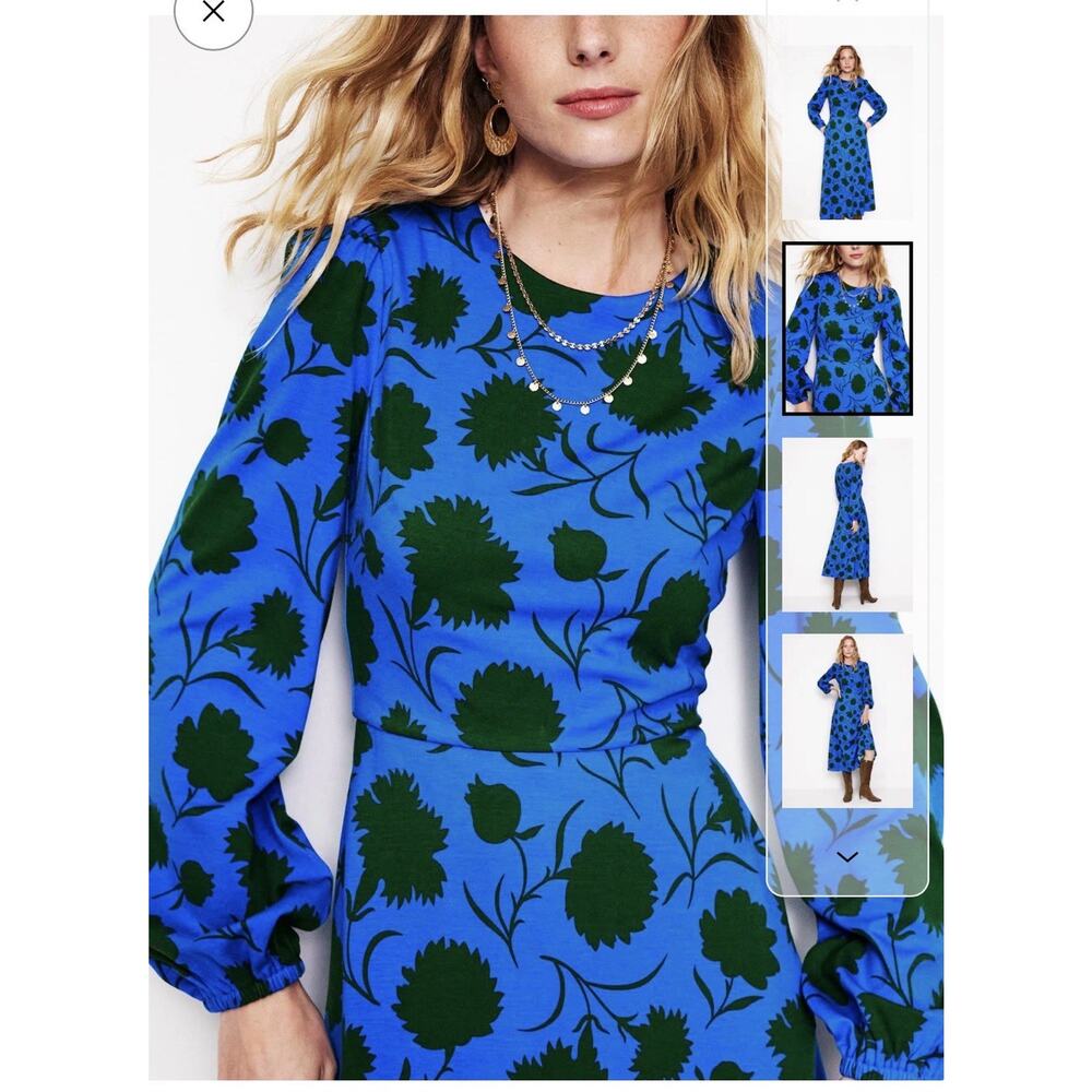 Boden Floral Long Sleeve Midi Dress Green Blue Size US 12R UK 16R Pockets A-line - Picture 3 of 10